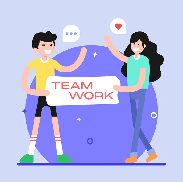 Jong Paar Met Teamwork Banner Vector Illustratie Ontwerp — Stockvector