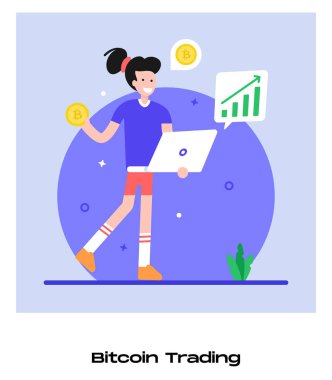Bitcoin Ticaret karikatürü, vektör illüstrasyonu