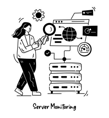 Sunucu İzleme karikatürü, vektör illüstrasyonu 