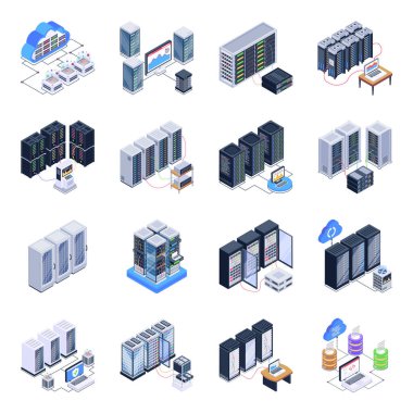 Veritabanının izometrik simgeleri, vektör illüstrasyonu