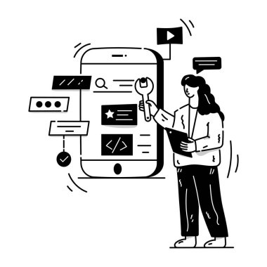 Mobil Uygulama Deneme karikatürü, vektör illüstrasyonu