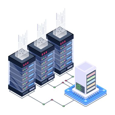 Veri sunucu odası karikatürü, vektör illüstrasyonu