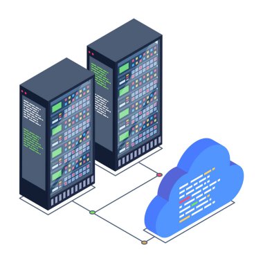 Bulut hesaplama ağı ve teknoloji konsepti. Veri sunucusu ve bulut, vektör illüstrasyonu