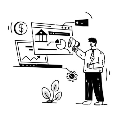 Finansal Pazarlama karikatürü, vektör illüstrasyonu