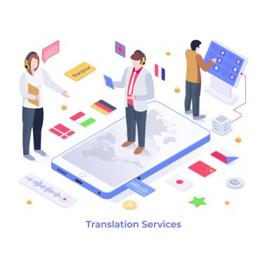 Çeviri Hizmetleri karikatürü, vektör illüstrasyonu