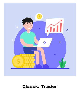 businessman with laptop and dollar sign, classic trader icon