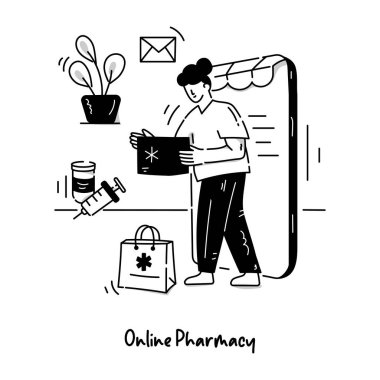 Çevrimiçi Eczane karikatürü, vektör illüstrasyonu