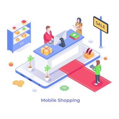 Mobil Alışveriş karikatürü, vektör illüstrasyonu