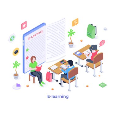 E-öğrenme karikatürü, vektör illüstrasyonu