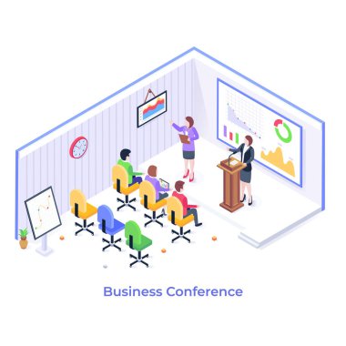 İş Konferansı karikatürü, vektör illüstrasyonu