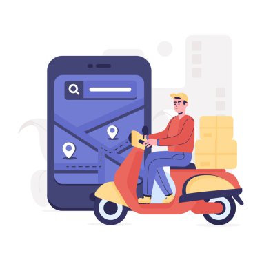 Scooter Teslimat karikatürü, vektör illüstrasyonu