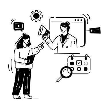 SEO Pazarlama karikatürü, vektör illüstrasyonu