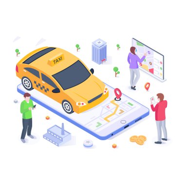 Çevrimiçi Taksi karikatürü, vektör illüstrasyonu