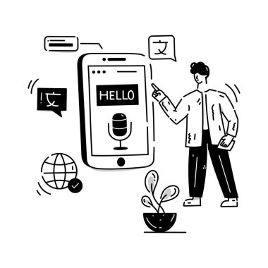 Smartphone Çevirmen karikatürü, vektör illüstrasyonu