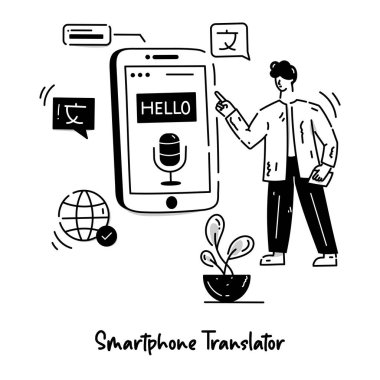 Smartphone Çevirmen karikatürü, vektör illüstrasyonu