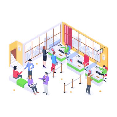 Bankacılık Salonu karikatürü, vektör illüstrasyonu