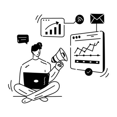 Özelleştirilmiş Pazarlama karikatürü, vektör illüstrasyonu