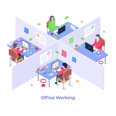 Ofis vektör illüstrasyonunda çalışan insanlar