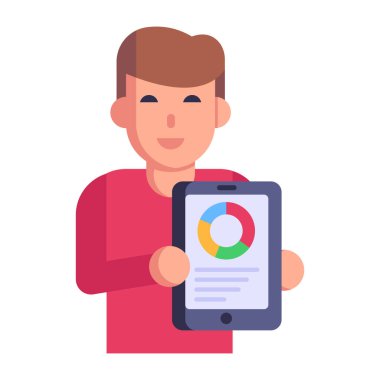 Akıllı telefon ve grafik vektör illüstrasyonlu adam