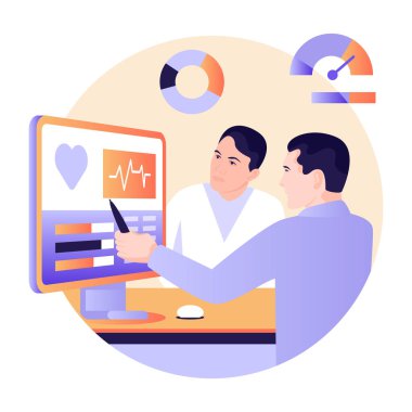 Doktor ve hasta sonuç vektör illüstrasyonunu tartışıyor