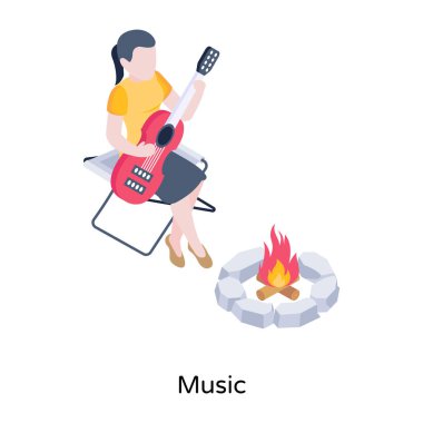 Gitar çalan kadın ateş vektörü illüstrasyonunda