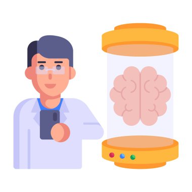 Akıllı telefonlu bir adam beyin vektör çizimini inceliyor.