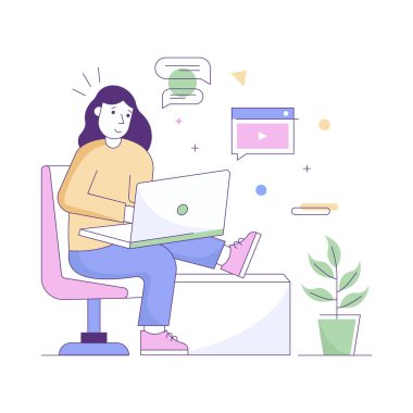 Dizüstü bilgisayar vektör çizimi üzerinde çalışan kadın