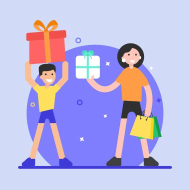 Anne ve oğlu hediye kutuları taşıyıcı illüstrasyon tutuyorlar.