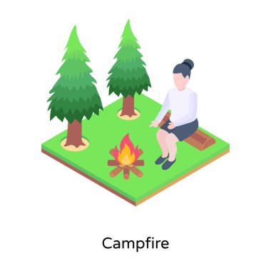 Ateş vektörü çiziminin yanında oturan yaşlı kadın.