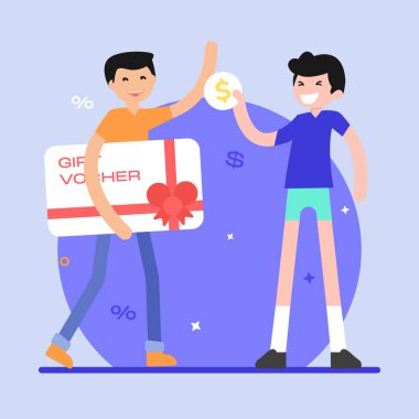 vector illustration of two men with a gift voucher