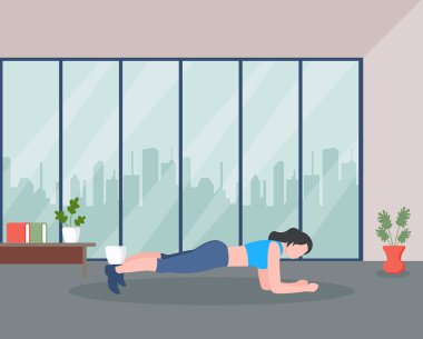 Evde yoga egzersizi yapan kadın, vektör illüstrasyonu.