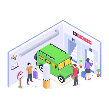 Yeraltı otoparkı karikatürü, vektör illüstrasyonu