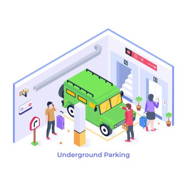 Yeraltı otoparkı karikatürü, vektör illüstrasyonu