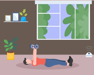 Oturma odası vektör illüstrasyonunda yoga egzersizi yapan bir adam.