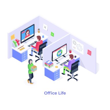 Modern ofis hayatının izometrik çizimi