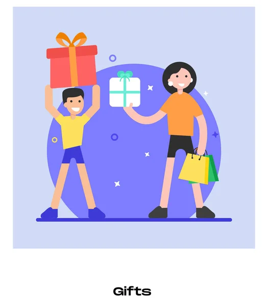 Moeder Zoon Met Geschenkdozen Vector Illustratie — Stockvector