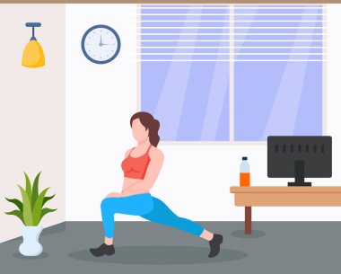 Evde yoga egzersizi yapan kadın, vektör illüstrasyonu.