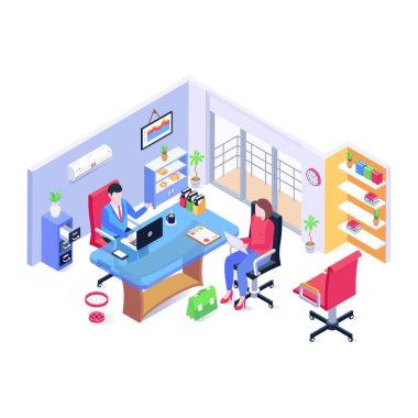 Ofis Röportaj karikatürü, vektör illüstrasyonu