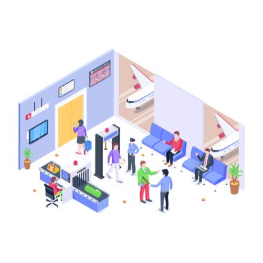 Havaalanı güvenliği çizgi filmi, vektör illüstrasyonu