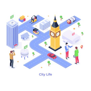 isometric vector illustration of city life