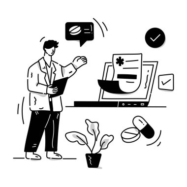 Doktor ve çevrimiçi reçetenin vektör çizimi 