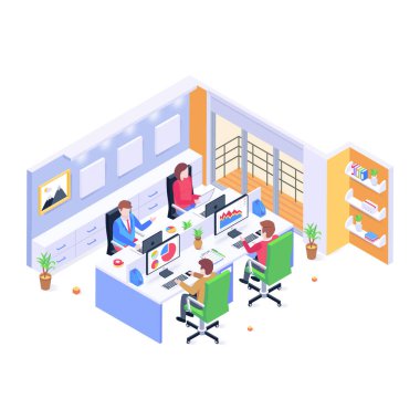 Ofis odası karikatürü, vektör illüstrasyonu