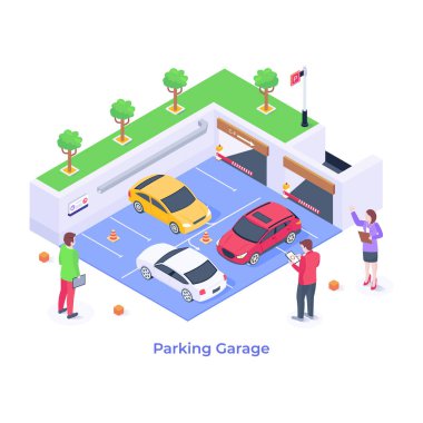 Otopark karikatürü, vektör illüstrasyonu