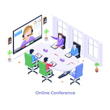 isometric vector illustration of people working in office. Online conference 
