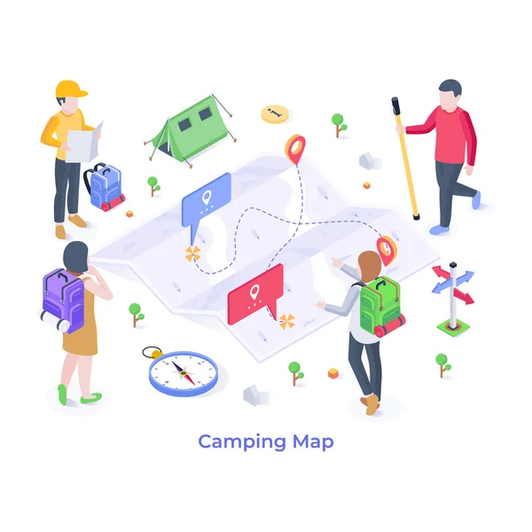 Isometric Vector Flat Design Illustration People Camping Map — Stock Vector