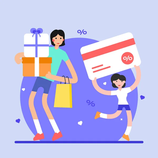 Mega Angebot Menschen Mit Kreditkarte Und Geschenken Vektorillustration — Stockvektor