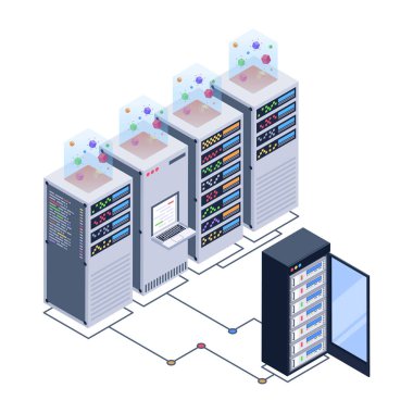 Veri sunucu odası karikatürü, vektör illüstrasyonu