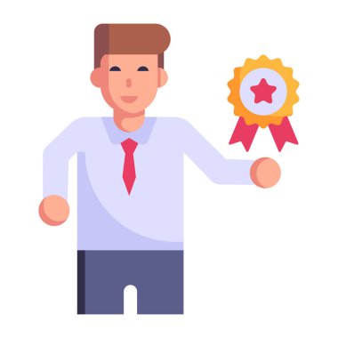 Madalya ikonu olan bir iş adamı. Web için ödül vektörü simgesi olan basit bir yönetici illüstrasyonu