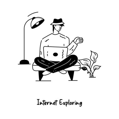 Evdeki şapkalı ve dizüstü bilgisayarlı adam, vektör çizimi 