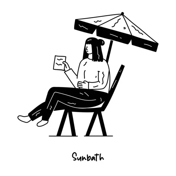 Mulher Tomando Banho Sol Sentado Cadeira Vetor Ilustração Design — Vetor de Stock